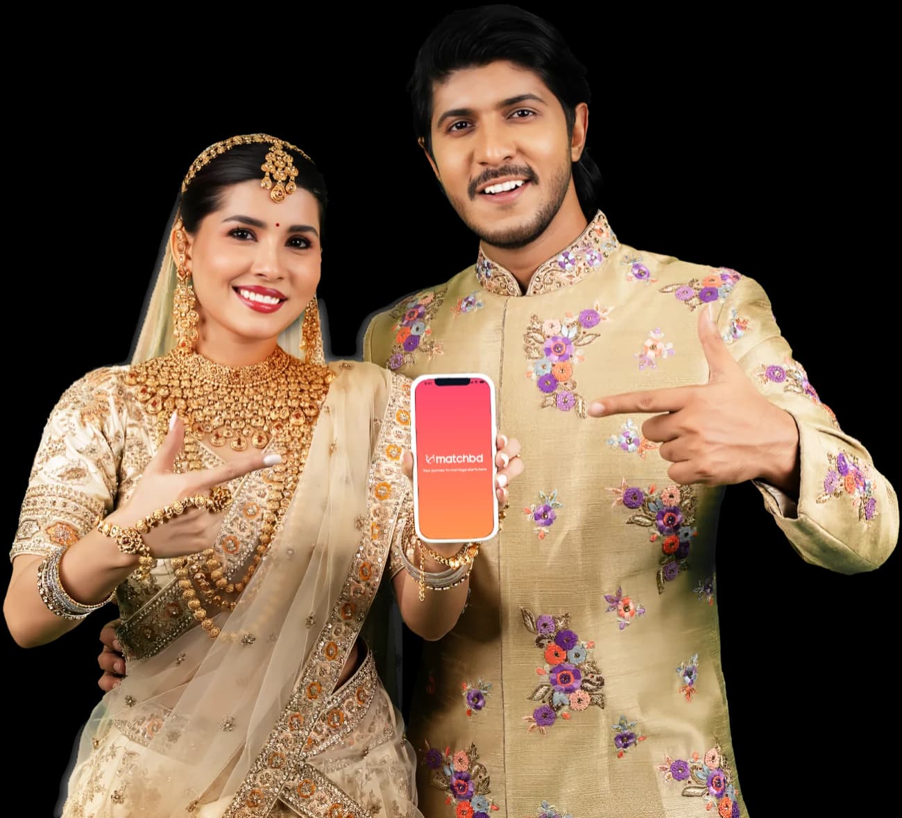 A couple showing the MatchBD app on a phone